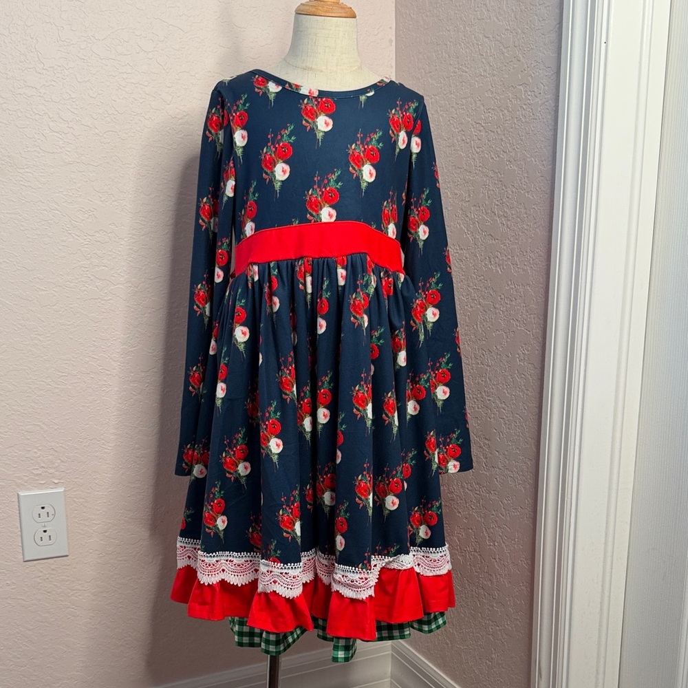 Only Little Once Holiday Floral Long Sleeve Dress with Red Accents